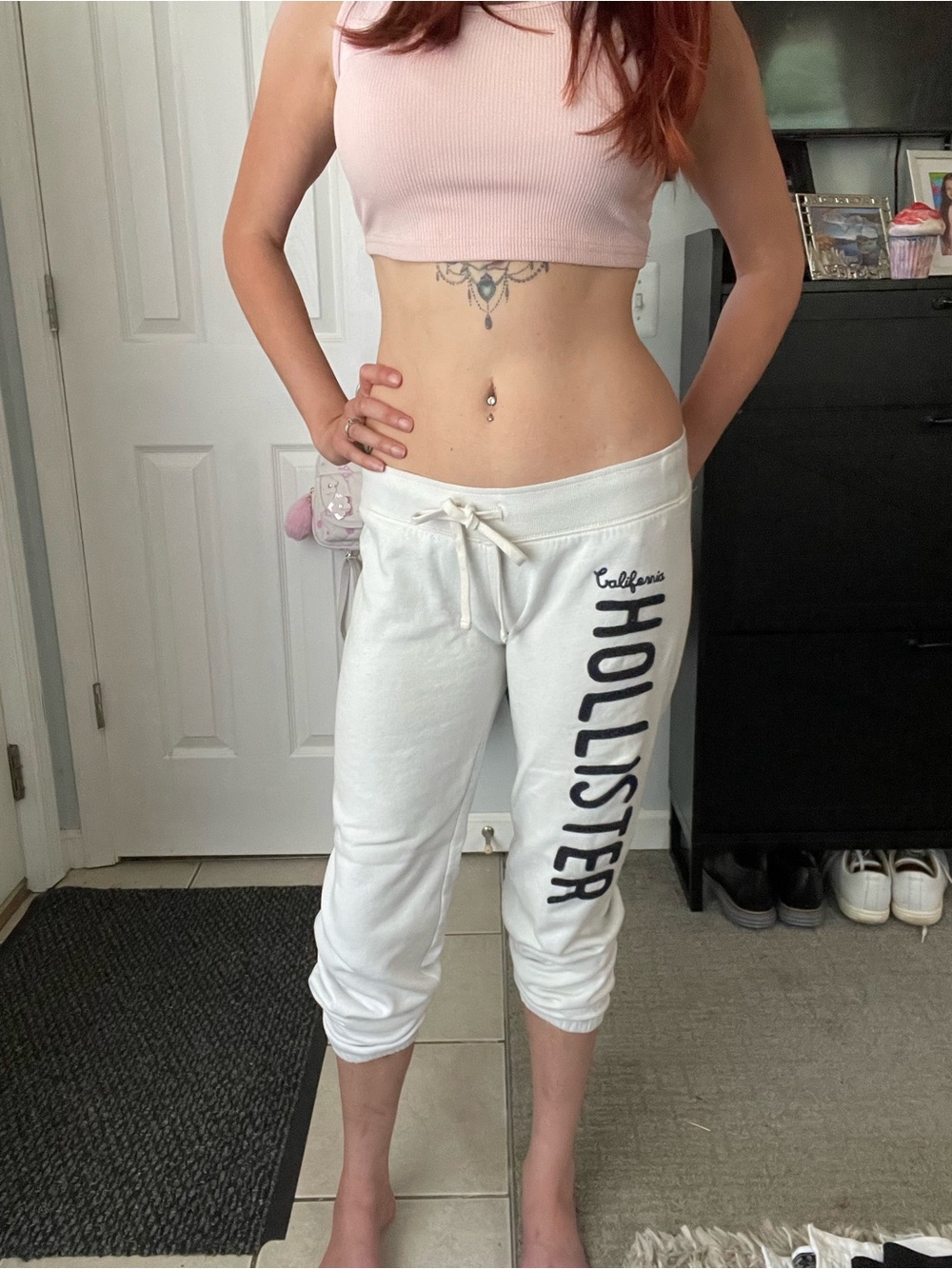 Y2K Hollister White Cropped Sweat Pants with Navy Blue Logo